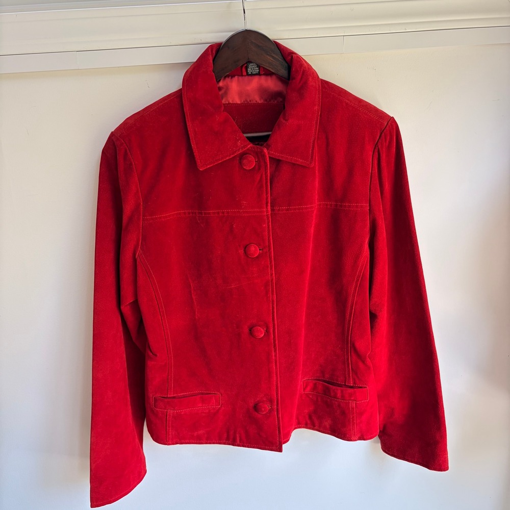 Jacqueline Ferrar Suede Jacket Large Vintage Red Genuine Leather Button Front L